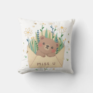 Coussin TU ME MANQUES : Ours en peluche et fleurs dans une