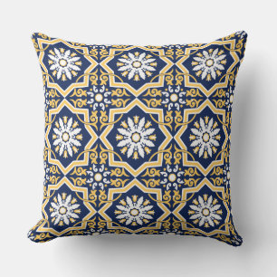 Coussin Tuile marocaine arabesque blanche or bleu complexe