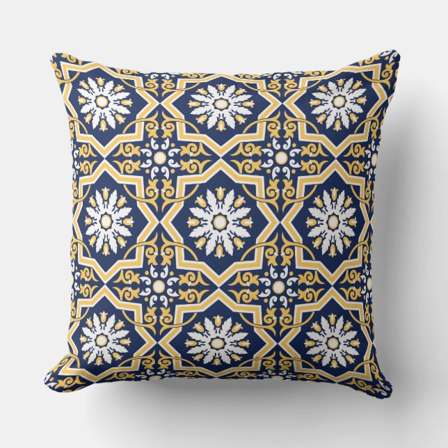Coussin Tuile marocaine arabesque blanche or bleu complexe (Recto)