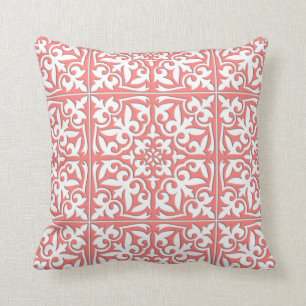 Coussin Tuile marocaine - rose de corail et blanc