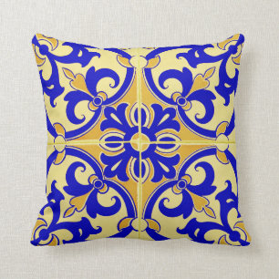 Coussin Tuile portugaise d'Azulejo  bleu jaune