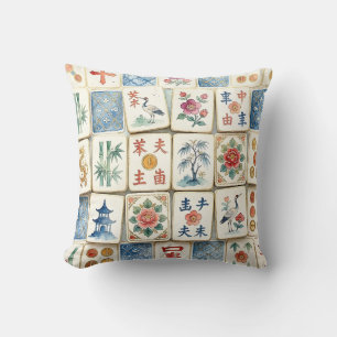 Coussin Tuiles de Mahjong Chinoiserie Fleurs Aquarelles Oi