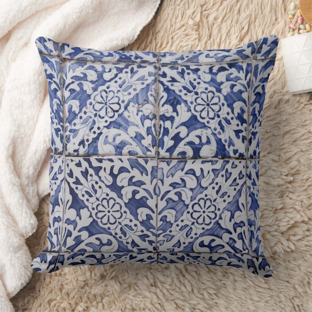 Coussin Tuiles portugaises - Azulejo Floral bleu et blanc (Couverture)