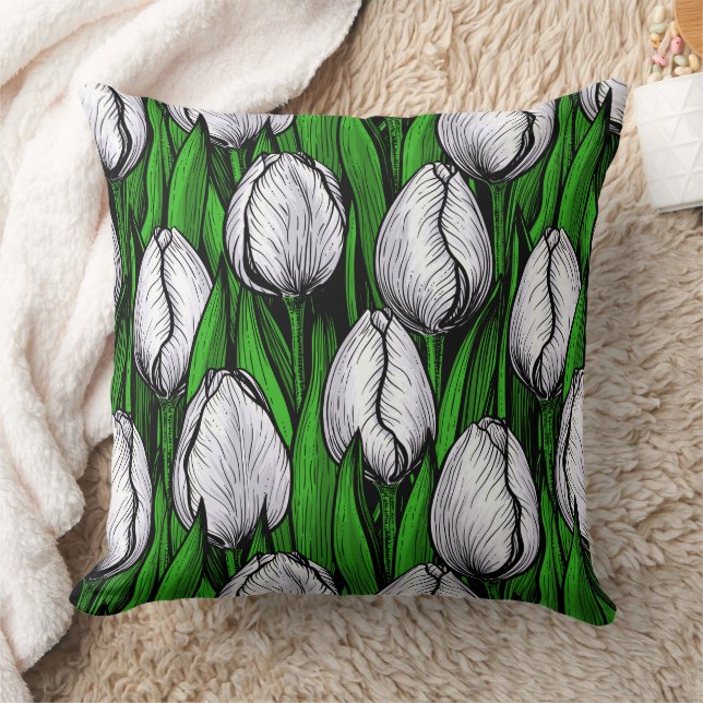 Coussin Tulières blanches avec feuilles verts (Couverture)