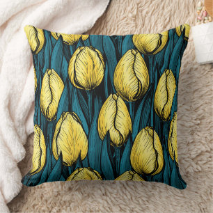 Coussin Tulières jaunes avec feuilles bleus