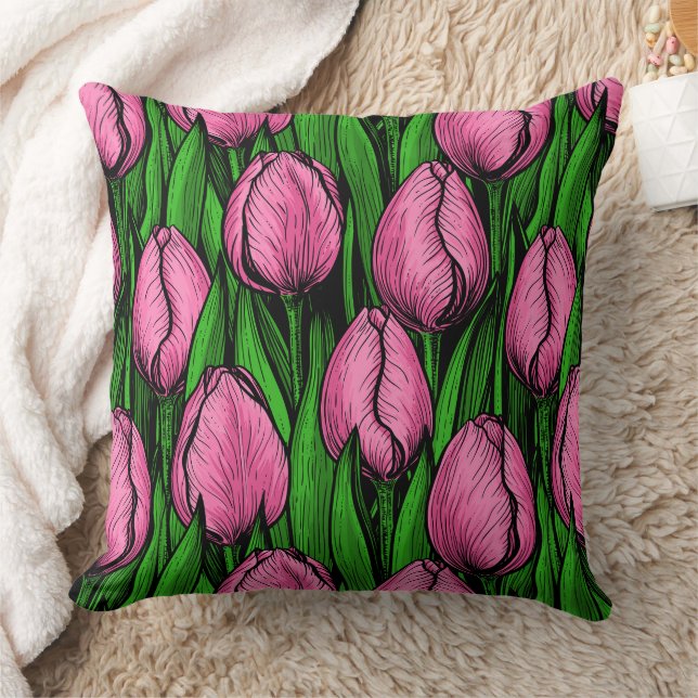 Coussin Tulières roses avec feuilles verts (Couverture)