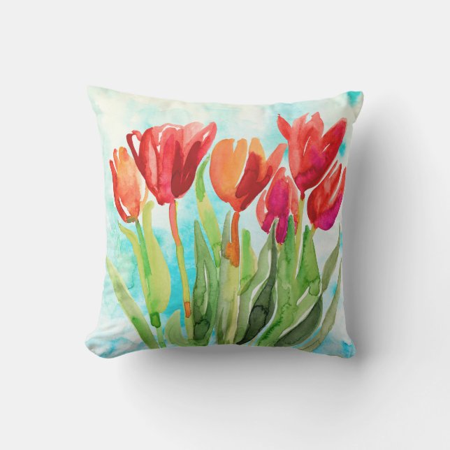 Coussin Tulipe rouge aquarelle sur l'oreiller à lancer Aqu (Recto)