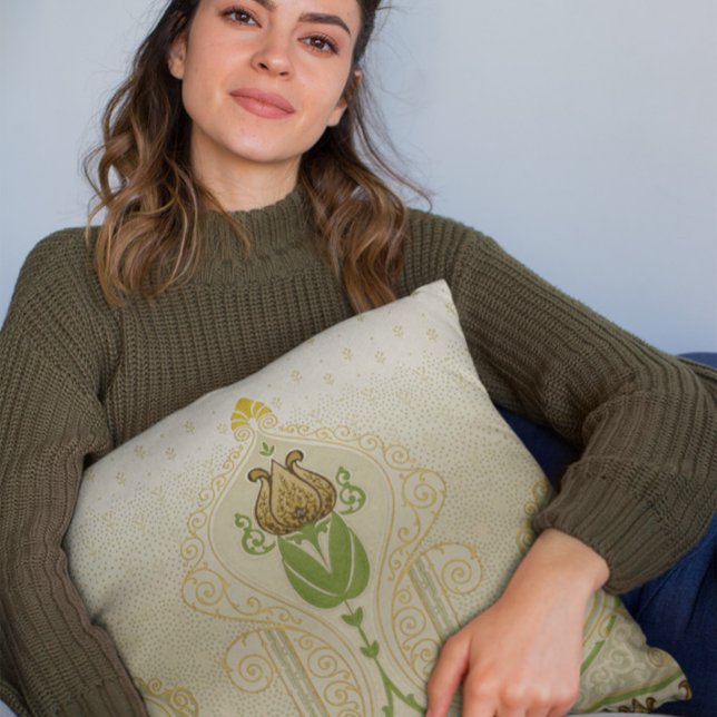 Coussin Tulipe Stylisée Delicate Fils Décoration Accueil (mockup of a woman holding-a square Tulip Stylized Delicate Swirls Home Decoration throw pillow)