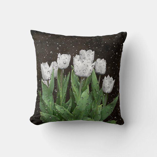 Coussin Tulipes blanches avec gouttes de pluie (Recto)