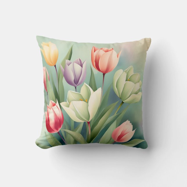 Coussin Tulipes colorées Aquarelle Romantique (Recto)