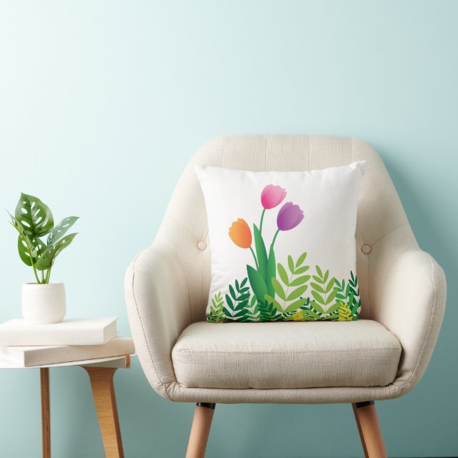 Coussin Tulipes Colorées et Végétation Verte (Chaise)