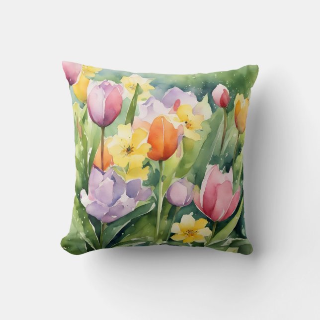 Coussin Tulipes en fleurs en aquarelle (Recto)