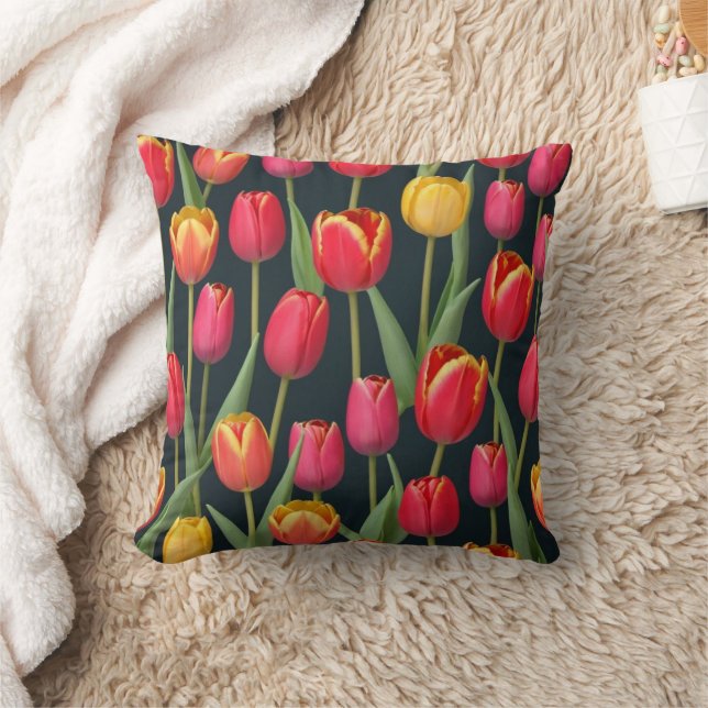 Coussin Tulipes jaune rose rouge vert noir floral (Couverture)