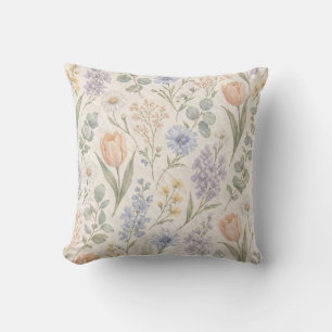 Coussin Tulipes Lilas Aquarelle Prairie de Printemps Paste