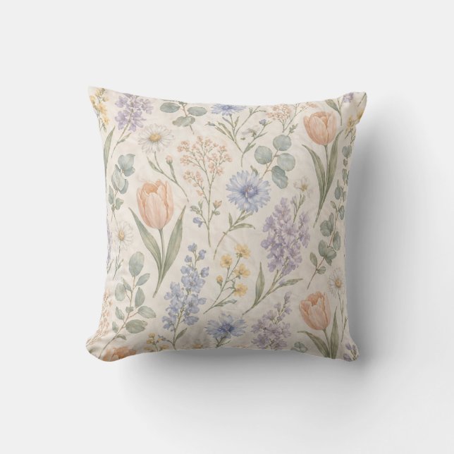 Coussin Tulipes Lilas Aquarelle Prairie de Printemps Paste (Recto)