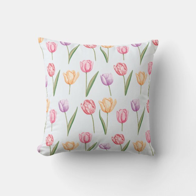 Coussin Tulipes Motif Fleur Aquarelle Coloré (Recto)