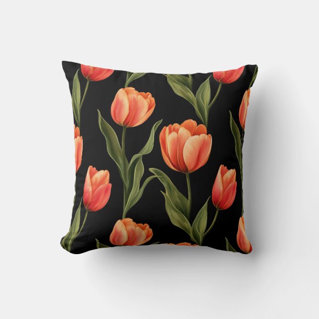 Coussin Tulipes orange audacieuses sur noir - Art floral f (Recto)
