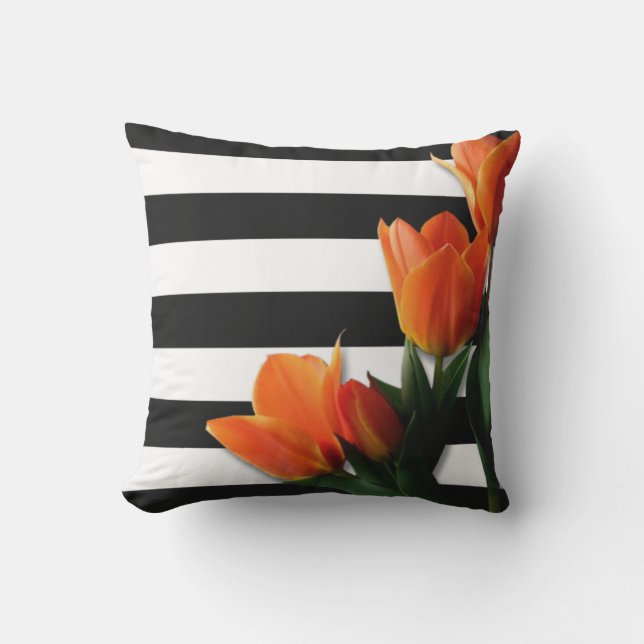 Coussin Tulipes oranges et bandes blanches noires (Recto)