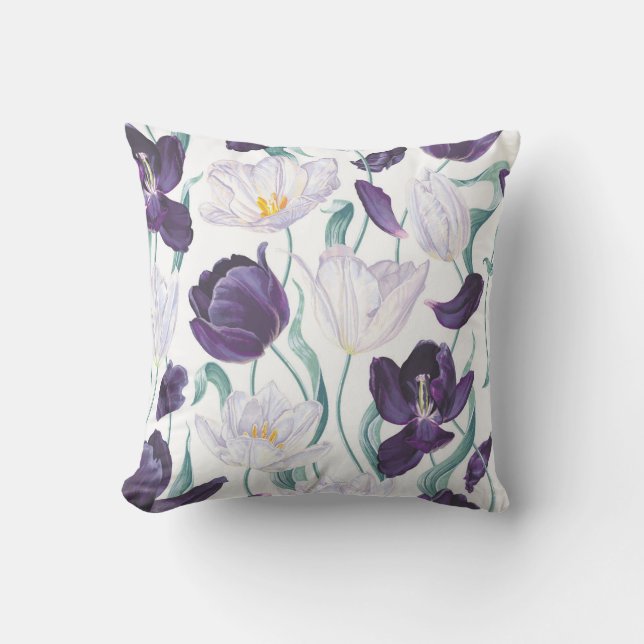 Coussin Tulipes pourpres : Vintage réalisme blanc. (Recto)