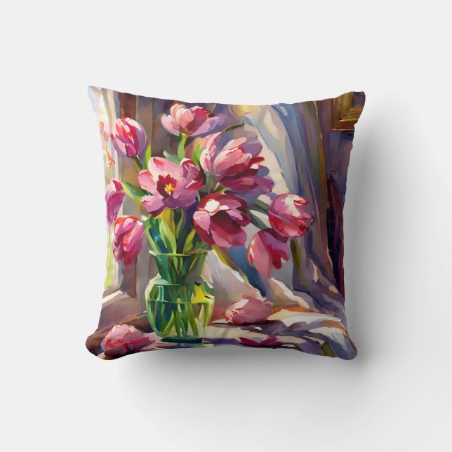 Coussin Tulipes roses aquarelles rustiques dans un vase (Recto)