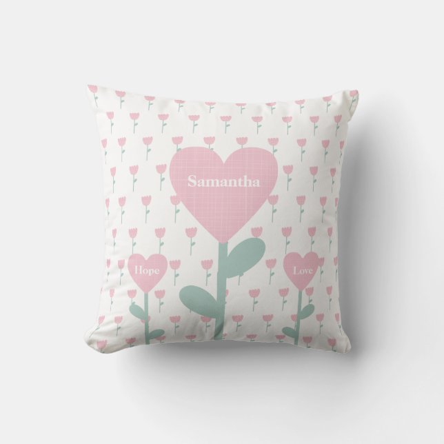 Coussin Tulipes roses Coeurs Nom Amour Espoir Mignonne Fil (Recto)