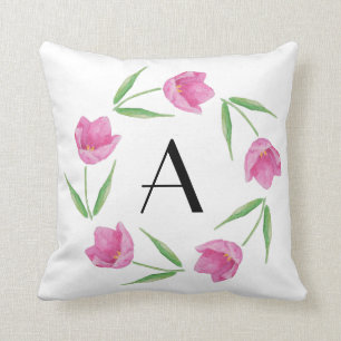 Coussin Tulipes roses d'aquarelle encadrant l'initiale