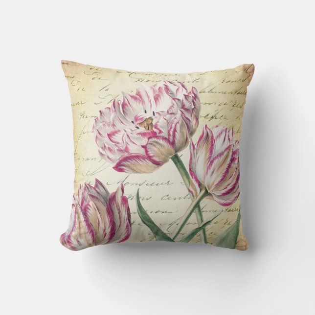 Coussin Tulipes roses et blanches botaniques vintages (Recto)