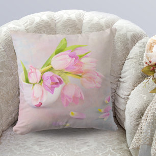 Coussin Tulipes Roses Et Blanches Dans Les Tasses À Thé