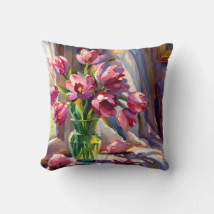 Coussin Tulipes roses rustiques à l'aquarelle dans le vase