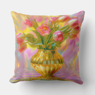 Coussin Tulipes roses vibrantes dans le Vase d'or