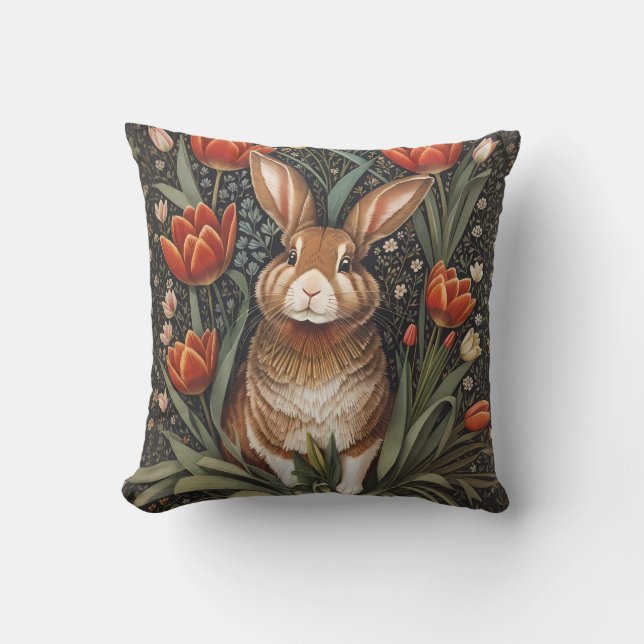 Coussin Tulipes rouges Brown de lapin William Morris inspi (Recto)