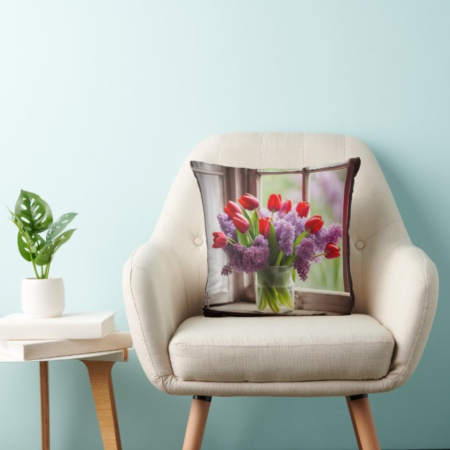 Coussin Tulipes rouges et Bouquet Lilac (Chaise)