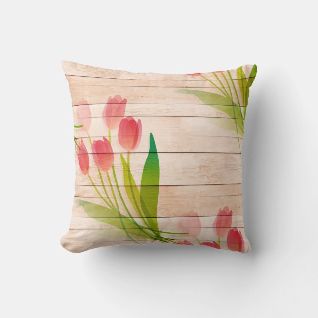 Coussin Tulipes rouges sur Arrière - plan de bois propre (Recto)