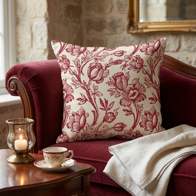 Coussin Tulipes Toile Rouge et Crème - Décoration de Style (Créateur téléchargé)