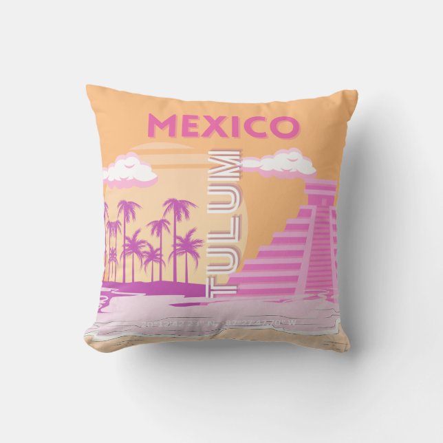 Coussin Tulum, Art Voyage, Art Rétro, Rose, Orange (Recto)