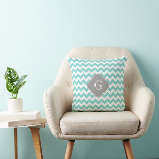 Coussin Turq / Aqua Blanc Chevron Gris Quatrefeuille Monog (Chaise)