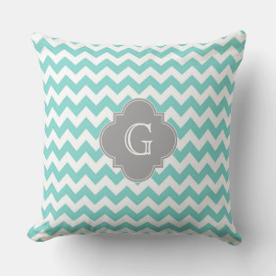 Coussin Turq / Aqua Blanc Chevron Gris Quatrefeuilles Mono