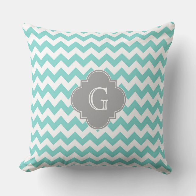Coussin Turq / Aqua Blanc Chevron Gris Quatrefeuilles Mono (Recto)