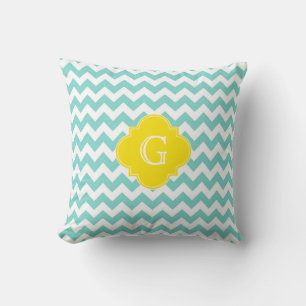 Coussin Turq / Aqua Blanc Chevron Jaune Quatrefeuille Mono