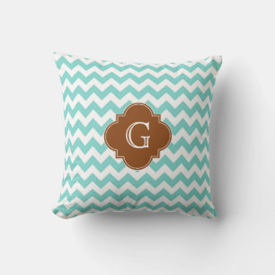 Coussin Turq / Aqua Blanc Chevron Marron Quatrefeuille Mon