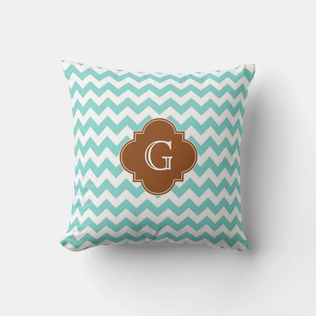 Coussin Turq / Aqua Blanc Chevron Marron Quatrefeuille Mon (Recto)