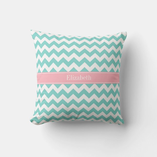 Coussin Turq / Aqua Blanc Chevron Rose Monogramme Initiale (Recto)