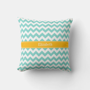 Coussin Turq / Aqua Blanc Chevron Verge d'Or Monogramme No