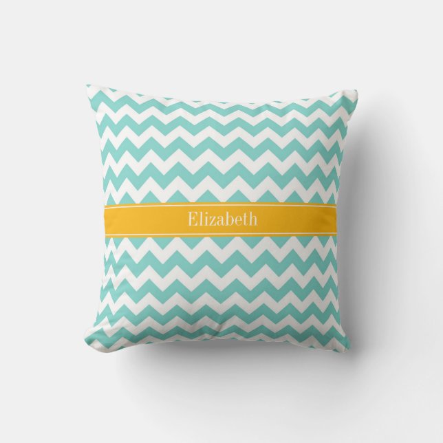 Coussin Turq / Aqua Blanc Chevron Verge d'Or Monogramme No (Recto)