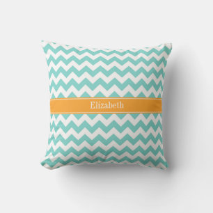 Coussin Turq / Aqua Wht Chevron Cantaloupe Nom monogram