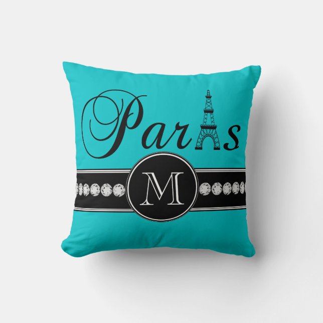 Coussin Turquoise 00c5cd Paris noir décoré d'un monogramme (Recto)