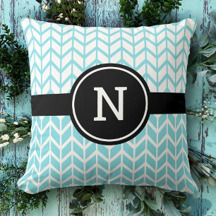 Coussin Turquoise Blanc Chevron Motif Monogramme moderne