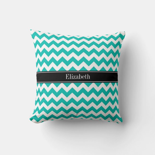 Coussin Turquoise Blanc Chevron ZigZag Nom noir Monogramme (Recto)