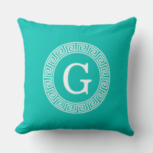 Coussin Turquoise Blanc Clé grecque Cadre Ronde Monogramme