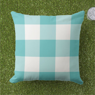 Coussin Turquoise Blanc Gingham à Carreaux Gras et Blancs